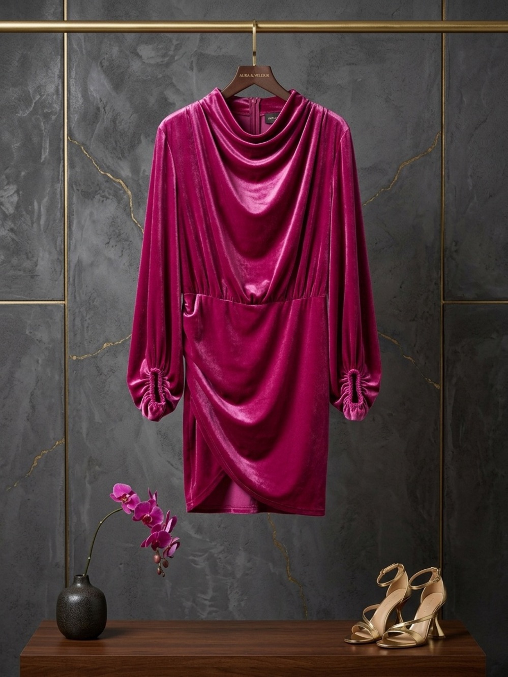SHEIN Fuchsia Velvet Draped Tunic Dress